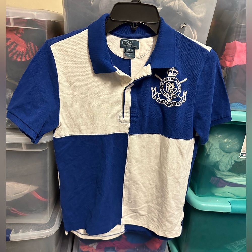 🔥 Ralph Lauren Polo COLOR BLOCK Polo Shirt ROYAL BLUE/WHITE Boys  L(14-16)